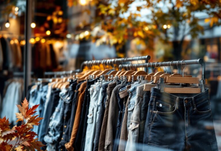 Jeans di vari stili e colori su sfondo neutro