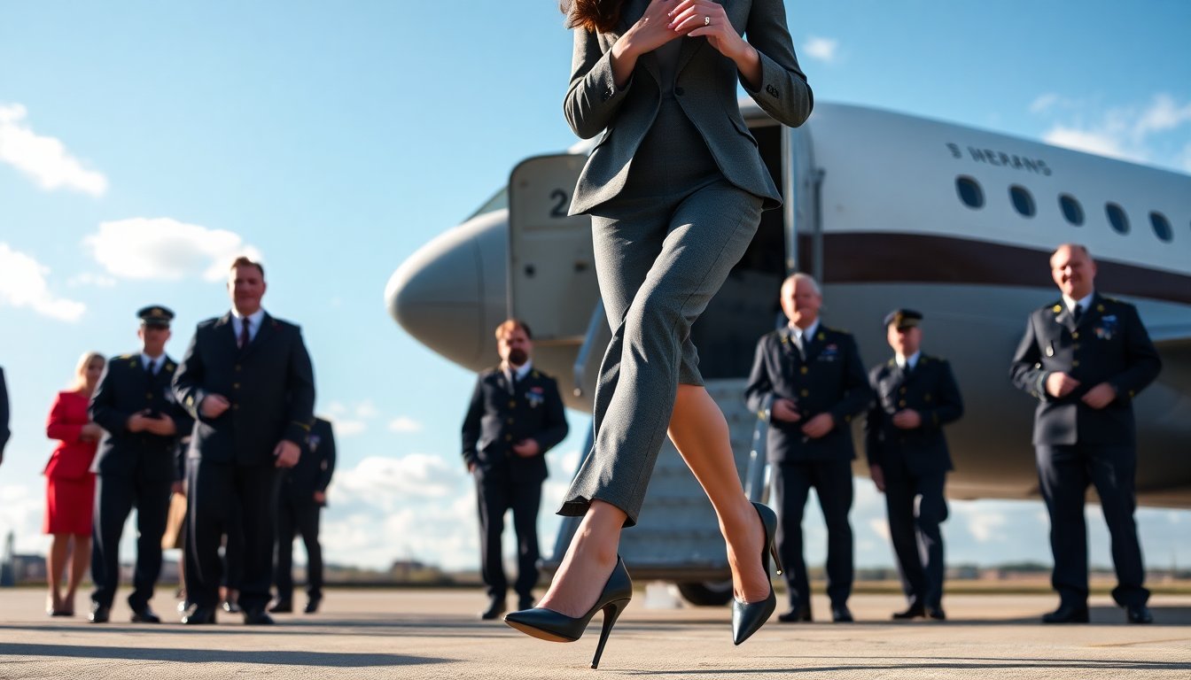 il fascino di kate middleton eleganza e stile mentre scende dal jet della royal air force python 1759683191